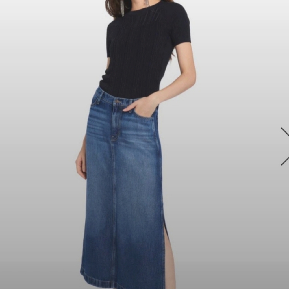 NY & Co. Denim Front Zip Side Split Five Pocket Midi Skirt Sz M
